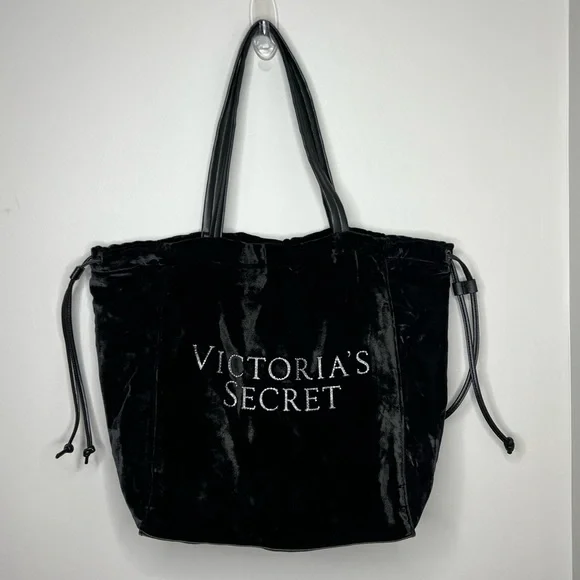 Victoria s Secret Bags Victorias Secret Black Soft Velvet With Rhinestones Tote Bag Cinch Sides Poshmark